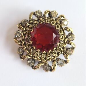 Vintage Antique Gold Brass Chunky Ruby Red Cabochon Victorian Crystal Brooch